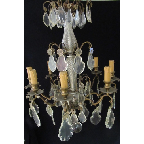 1208 - C20th French gilt metal electrolier, the eight branches with urn sconces and floral drip trays hung ... 