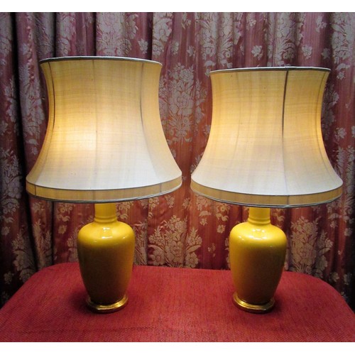 1125 - Pair of large yellow glazed Chinese style table lamps, tapering bodies with trumpet necks, on steppe... 