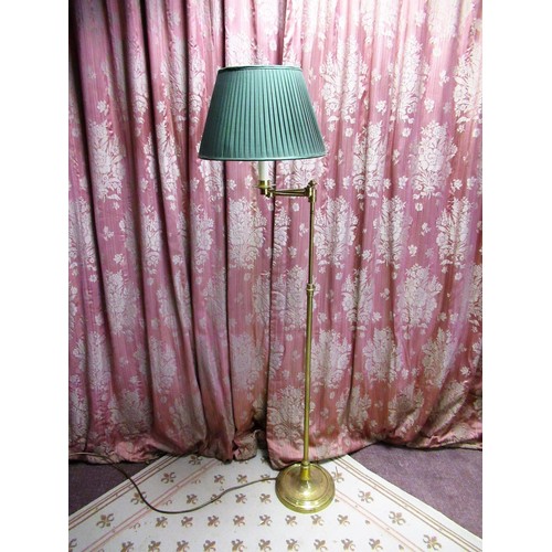 1544 - Regency style brass floor lamp, adjustable column with articulated arm on circular base, with green ... 
