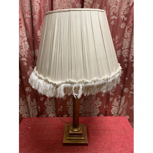 1475 - C20th brass Corinthium column table lamp, on stepped square base with fringed pleated shade, H49cm