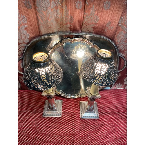 1545 - Pair of silver plate candlestick table lamps with silver plate shades on stepped beaded bases, H33cm... 