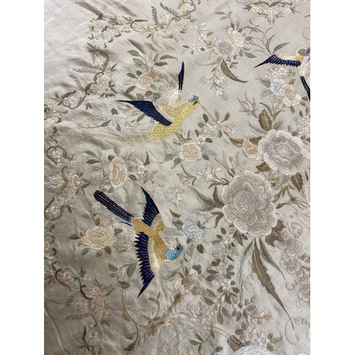 1366 - Chinese silk table cloth, embroidered with exotic birds and foliage on beige ground with open work f... 