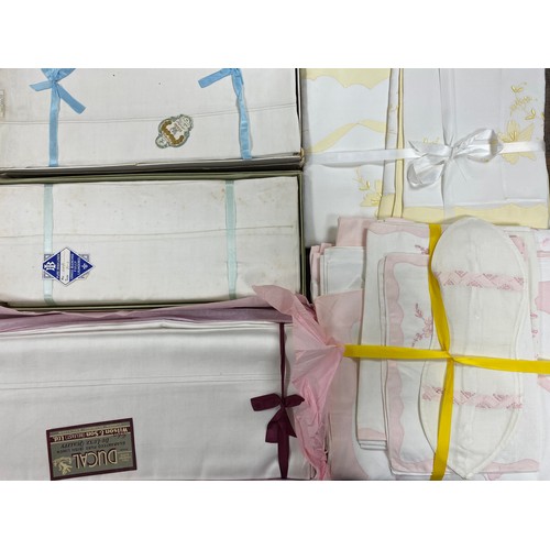 1371 - Linen table cloths with pink appliqué and embroidery, three pairs of Irish linen bed sheets in origi... 