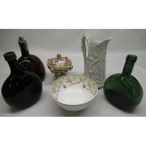 756 - Three glass bottles, Spode Felspar bowl, small lidded urn and white creamware jug (6)