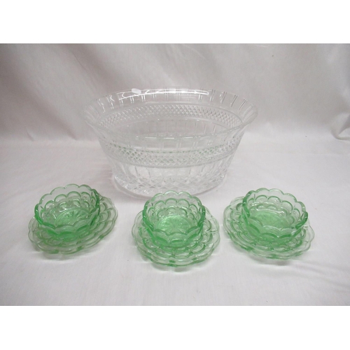 771 - large cut glass bowl and three green glass bowls, six green glass plates