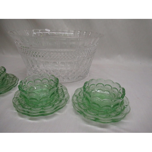 771 - large cut glass bowl and three green glass bowls, six green glass plates