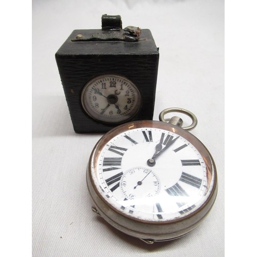 34A - Swiss nickel cased keyless goliath pocket watch with white enamel dial, set with Roman numerals D6.5... 
