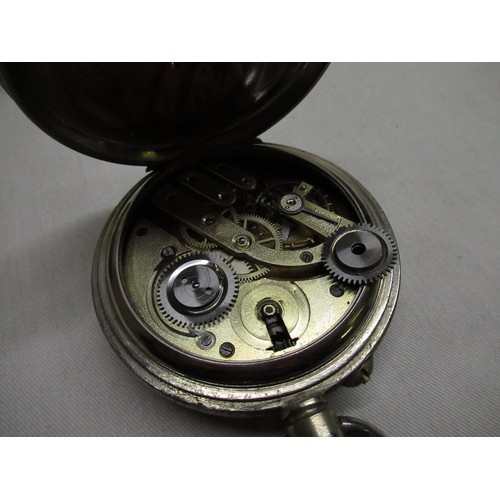 34A - Swiss nickel cased keyless goliath pocket watch with white enamel dial, set with Roman numerals D6.5... 