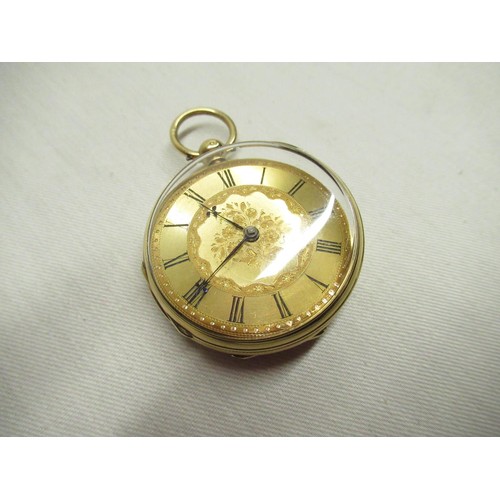 45A - Victorian ladies 18ct gold open cased key wound fob watch with gold dial, Arabic numerals and foliat... 