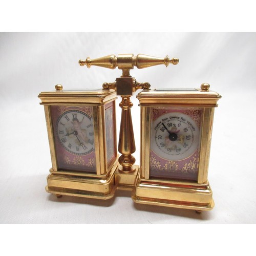 50A - C20th continental combination miniature carriage clock and ameroid barometer painted porcelain dials... 