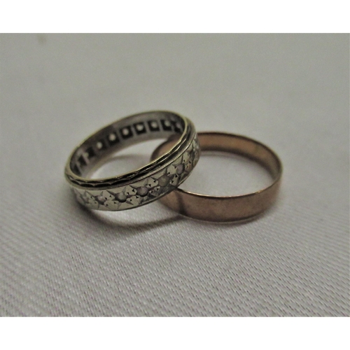 18 - Hallmarked 9ct rose gold wedding band Size N, hallmarked two tone 9ct gold eternity ring inset with ... 