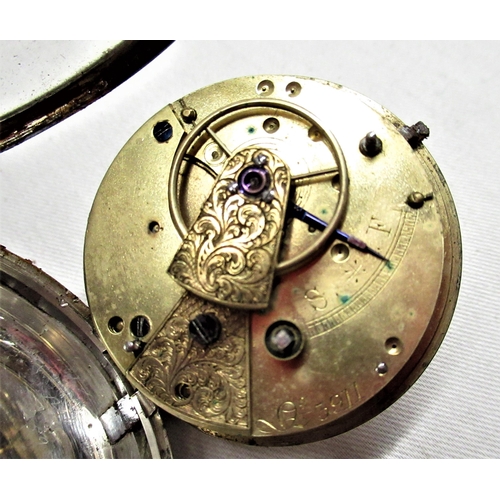 29 - Mid Victorian open faced key wound silver cased pocket watch.  Silvered dial with plied Roman numera... 