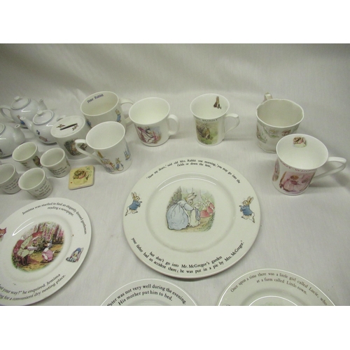 47 - Mixed collection of Beatrix Potter plates, Wedgwood mugs and teapots, Royal Albert Queen's including... 