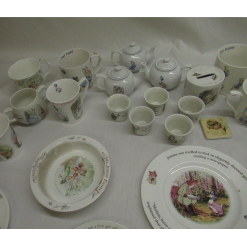 47 - Mixed collection of Beatrix Potter plates, Wedgwood mugs and teapots, Royal Albert Queen's including... 