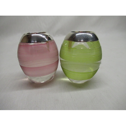 48A - Matched pair of glass green and pink tinted vestas with ribbed design, Sterling silver collars Birmi... 