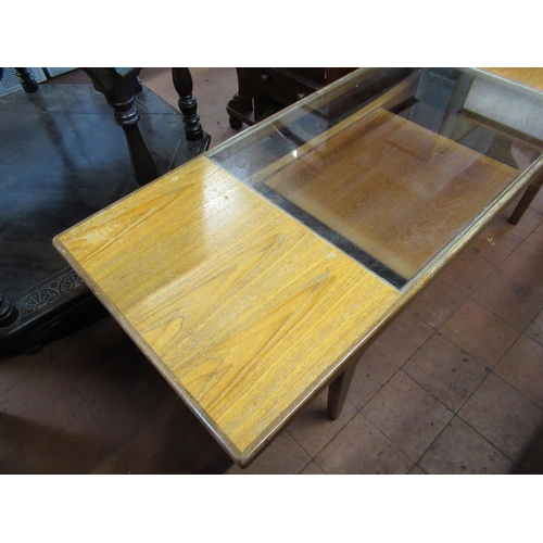 509 - Early 1970s G plan style long john coffee table with in set plate glass top and magazine under tier ... 