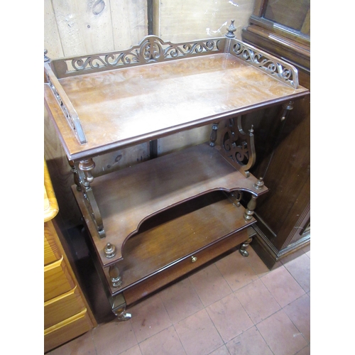 511 - Victorian style mahogany whatnot with pierced gallery shaped central shelf and single frieze drawer ... 