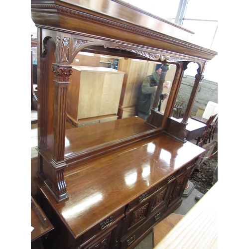 512 - Late Victorian walnut mirror back side board with molded cornice inset bevel edged mirror square flu... 