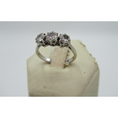 536 - Platinum three stone diamond ring stamped PLAT Size O 1/2 gross 3.3g