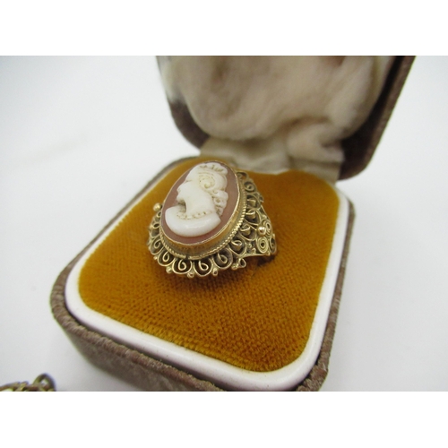 541 - Cameo brooch in filigree mount, a cameo ring in filigree mount size Q, a pair of cameo screw clasp, ... 