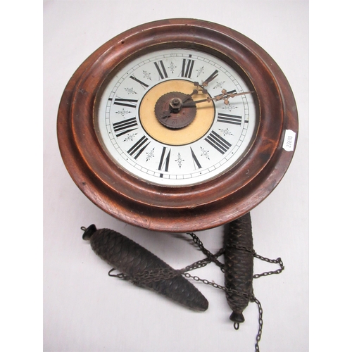 556 - Late C19th black forest postman's alarm wall clock, circular molded stoned beech case D28cm