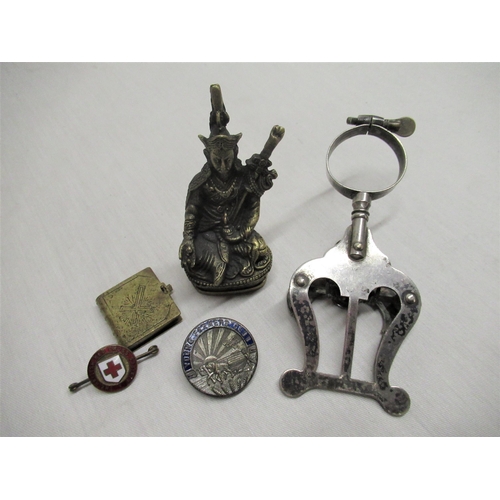 57 - Cast brass figure of oriental deity, chromium plated instrument music holder, Young Farmer's Club la... 