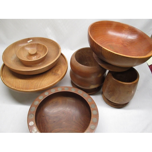 589 - Contemporary turned walnut fruit bowl set with George VI sixpences (some missing) D31.5cm, turned el... 