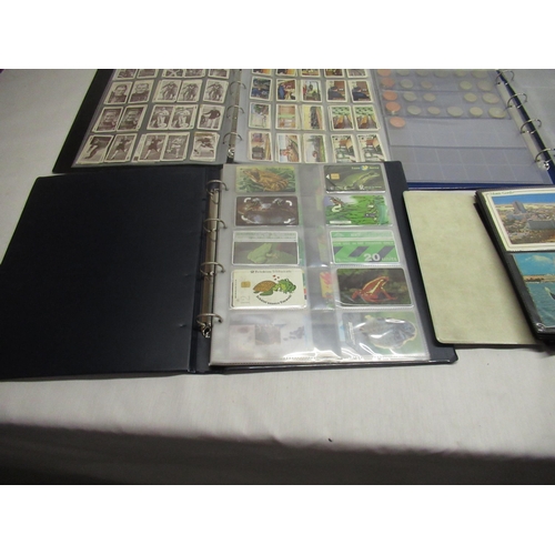 95 - Four albums of cigarette cards postcards coins etc