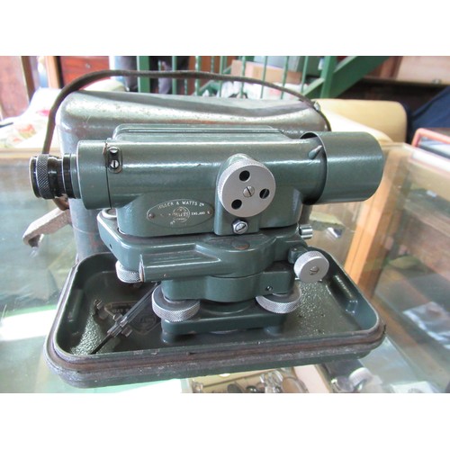 55 - post war Hilger & Watts Ltd. theodolite in green painted finish complete with integral case with lea... 