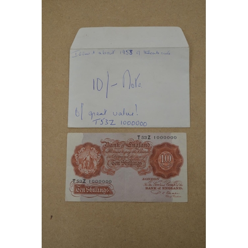 192 - Ten shilling bank note serial no. 1 000 000 issued 1953