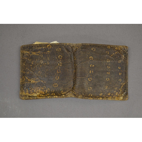 29 - Vintage lizard skin wallet containing some army payslips and small collection of coins from Malaya, ... 
