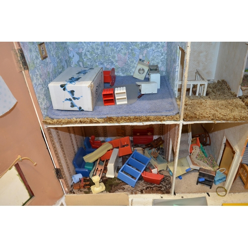 48 - Large homemade two story dolls house with open house containing a large collection of furniture, W98... 