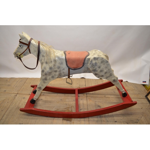 56 - Large dapple grey carved wood rocking horse with rocker mechanism H92cm