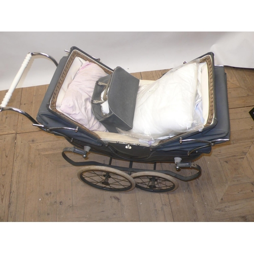 60 - Vintage grey finish Silver Cross coach finish sprung double canopy pram with associated bag