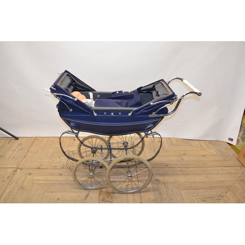 61 - Navy Blue Silver Cross coach build double canopy pram with doll and chromed under carriage