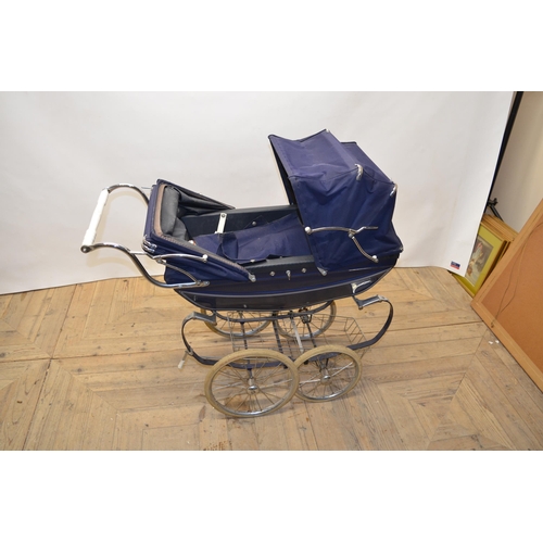 61 - Navy Blue Silver Cross coach build double canopy pram with doll and chromed under carriage