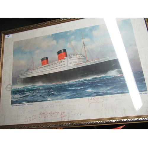 66 - Large print of the Queen Elizabeth Cunard Line signed by the crew, in gilded frame