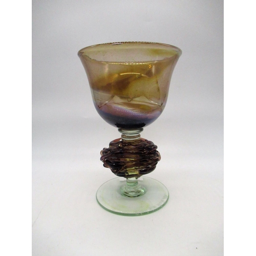 53 - Mdina purple and brown chalice with textured knop stem, signed Mdina Glass, Malta (indistinctly sign... 