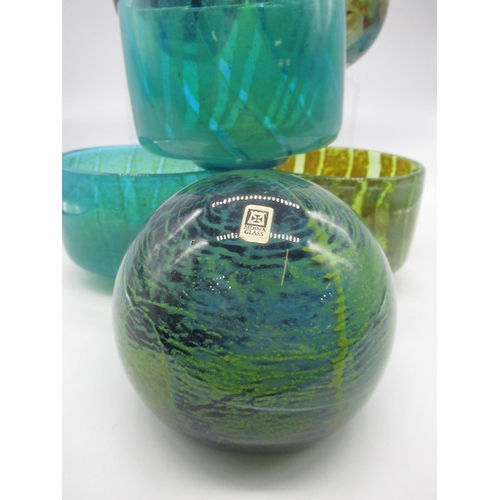 57 - Three Mdina striped blue glass bowls, two Mdina vases and a Mdina spherical paperweight all signed M... 