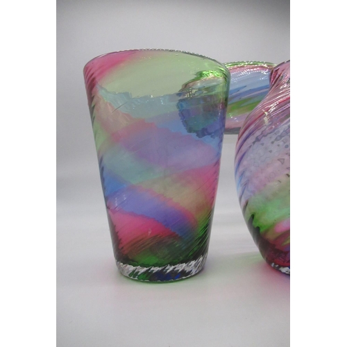 63 - Textured pink, purple and green rainbow Stevens and Williams art deco glass vases and bowl, max H21c... 