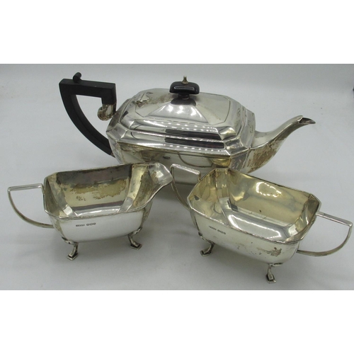 111 - Geo.V hallmarked silver Art Deco design three piece tea service, angular tapering bodies on similar ... 