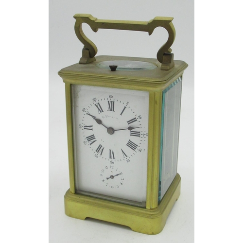 117 - French gilt brass gorge cased repeating carriage alarm clock with platform lever escapement, the whi... 