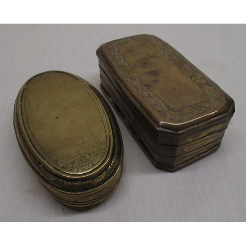 118 - Early C19th Dutch brass oval tobacco box, engraved with rural figures and text, with hinged lid W13.... 