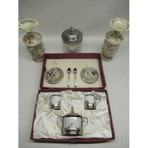 591 - Mid C20th cased coffee service for two, C20th pressed glass biscuit barrel with plated rim and lid w... 