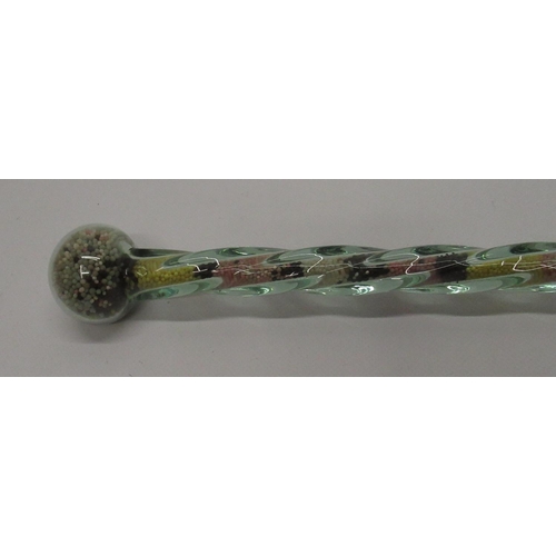 585 - Victorian Nailsea twist glass walking cane, interior filled with multicoloured glass beads with ball... 