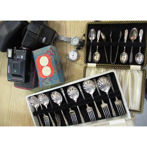 581 - Box containing various items including: three compact cameras, Sekonda wrist watch, modern pocket wa... 