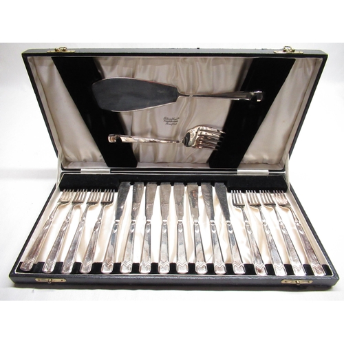141 - Set of six Art Deco fish knives and forks, with servers retailed by Fattorini & Sons Ltd, Diamond Me... 
