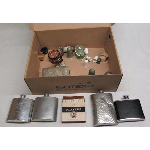 163 - Pack of Player's cigarettes, four hip flasks, two Beswick birds, metal trinket box etc