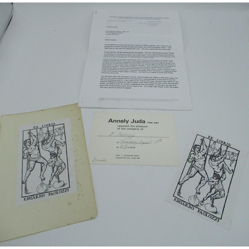 165 - Two ex-libris stickers for Sir Eduardo Paolozzi, invitation card to the artist from Annely Juda and ... 