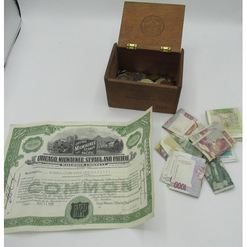 168 - Cigar box of coins, notes and a Chicago Milwaukee, St Paul and Pacific Railroad Company stock bond c... 